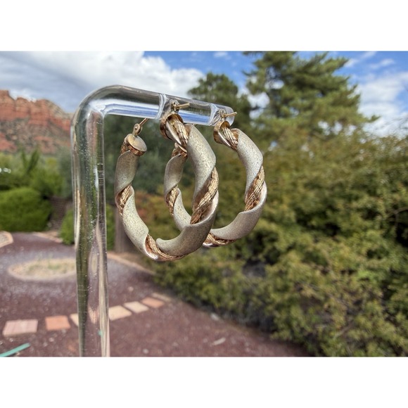 Vintage 14k Solid Yellow Gold Sterling Silver Hoop Earrings - Wire Braid Twist